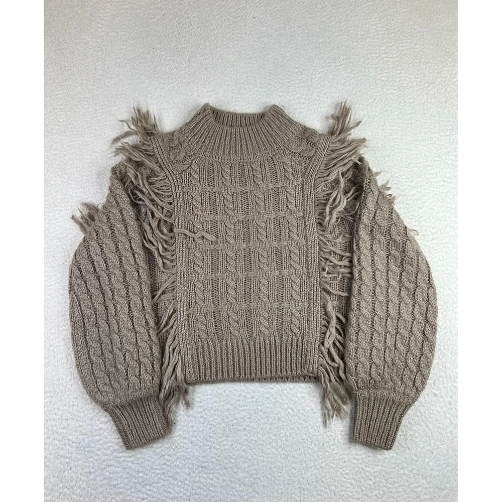 Altar'd State Fringe Cable‎ Knit Sweater Womens Small Brown Balloon Sleeve